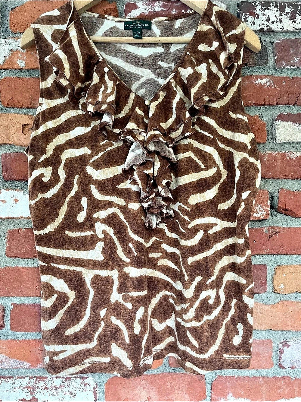 100% Cotton Ralph Lauren XL Ruffled earth tones zebra Print sleeveless